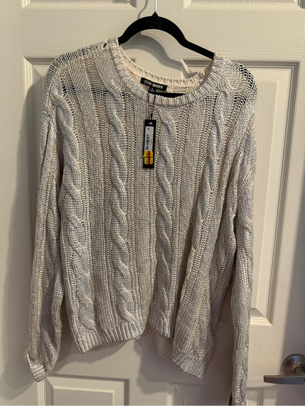 Steve Madden Cream with Silver Cable Knit Crew Sweater NWT Large